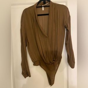 Olive green deep v-neck long sleeve glam bodysuit - Size M